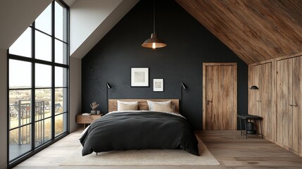Modern attic bedroom with dark wood, large windows, scenic view