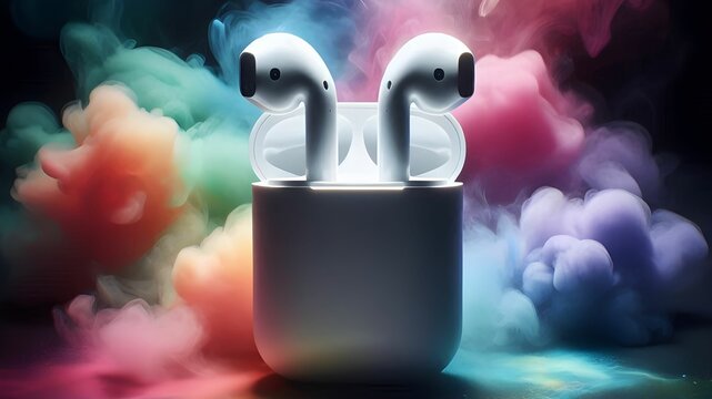 isolated white wireless comfortabe airpods in dark colored smoke background