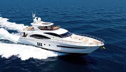 Fototapeta premium A Luxurious Yacht Sailing through Crystal-Clear Waters, Showcasing Modern Design and Comfort, Perfect for Nautical Adventures and Leisure Activities on the Open Ocean