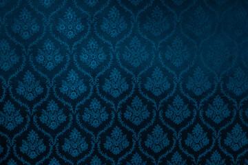 Closeup of blue victorian vintage textured textile wall