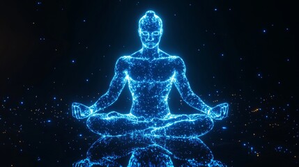 A contemporary 3D artwork showcasing a surreal spiritual scene with a neon pink and blue human shadow figure in a meditative yoga pose, surrounded by chakras in a mystical universe