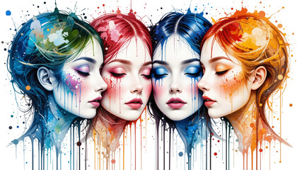 Obraz premium four female heads in splashed color style transparent background generated in ai