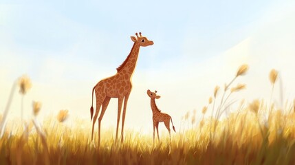 Naklejka premium Giraffe Family in a Serene Sunlit Golden Field Landscape