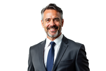 Smiling businessman in suit, isolated on transparent background. Corporate headshot for website, profile, and marketing use.