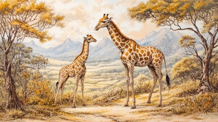 Obraz premium Beautiful Giraffe with Calf in African Savanna Landscape with Trees and Mountains