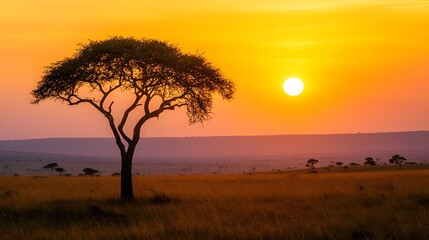 Obraz premium african sunset landscape with acacia tree silhouette