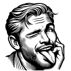 cheerful man with a mustache winking and sticking out his tongue in a playful expression engraving generative ai sketch PNG illustration