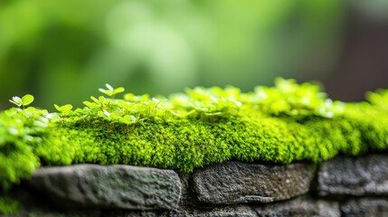 Naklejka premium Earth day environmental concept. Lush green moss covering a stone surface in a serene and vibrant natural setting.
