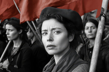 Obraz premium Women Holding Flags in Protest with Intense Expression in Black and White Photography