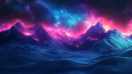 Obraz premium A fantasy landscape depicting a glowing sky filled with stars, illuminated mountains, and a colorful blue aurora borealis. This spiritual aura meditation postcard concept captures a serene and cosmic