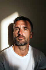 Obraz premium Portrait of a mature man with a beard, sitting in moody lighting with striped shadows 