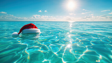 Santa hat floating in sunny swimming pool, festive and serene. Christmas Santa Claus in July, beach, sun, sea, sand.