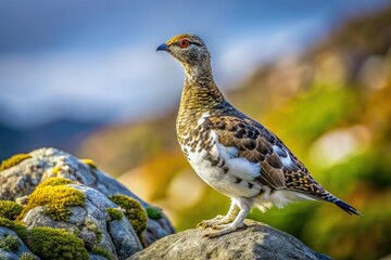 High-resolution wildlife photo: a majestic ptarmigan, proudly perched amidst rugged, rocky terrain.