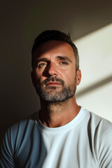 Fototapeta premium Portrait of a mature man with a beard, sitting in moody lighting with striped shadows 