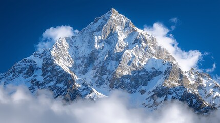 Fototapeta premium Majestic snow-covered mountain peak against clear blue sky, scenic landscape backdrop