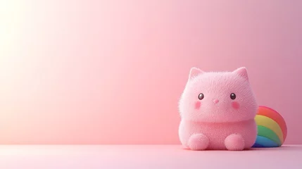 An isolated scene featuring a 3D-rendered cute pink cat with a rainbow unicorn icon on a white background. Perfect for a game, presentation, or book cover wallpaper with a whimsical fairy tale theme
