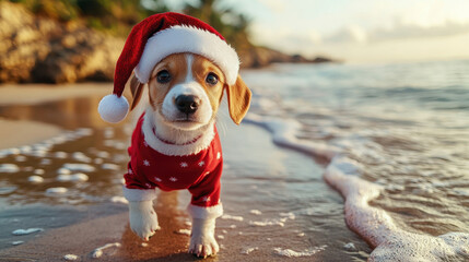 puppy wearing Santa hat and festive outfit on beach. Christmas Santa Claus in July, beach, sun, sea, sand.