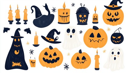 A set of funny Halloween illustrations in a modern cartoon style, showcasing a spooky pumpkin light, horror ghost, and black scary bats, great for fairy tale kids' books and stickers