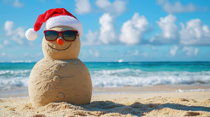 sand snowman with red Santa hat and sunglasses on sunny beach. Christmas Santa Claus in July, beach, sun, sea, sand.