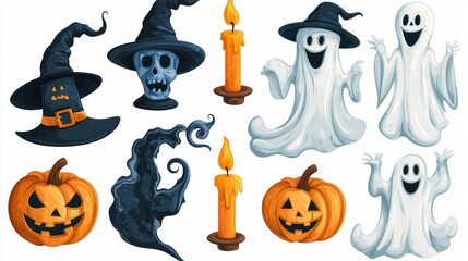 Modern Halloween clipart cartoons with a humorous touch, including a spooky pumpkin light, horror ghost, and black scary bats, ideal for kids' fairy tale books and stickers
