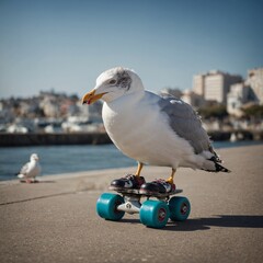 A clumsy seagull wearing roller skates, trying to balance.