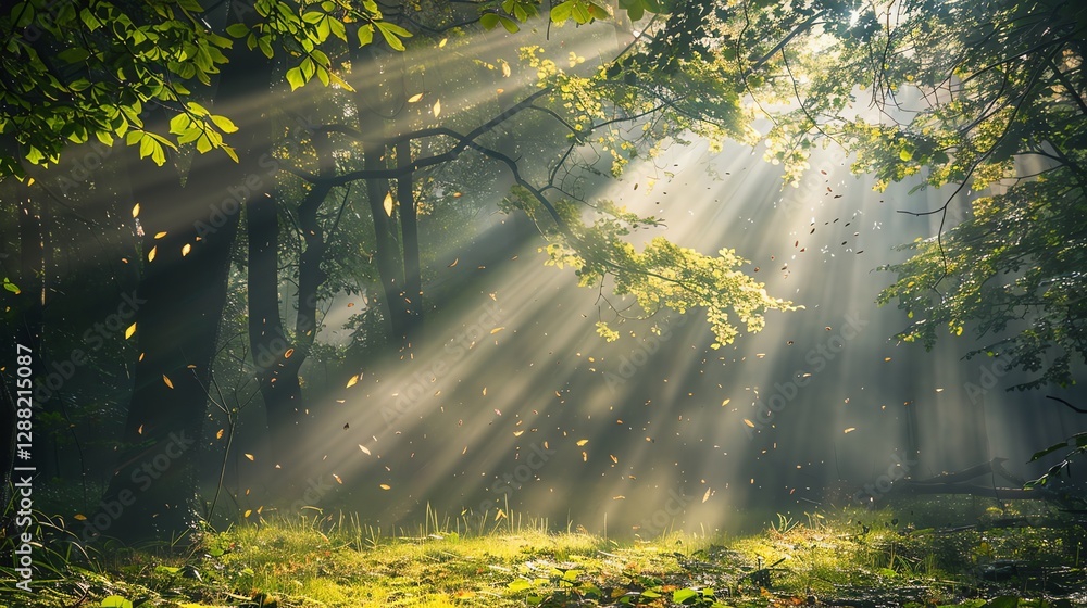 Poster sunlight streams through the trees in a misty forest.
