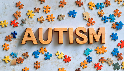 Wooden letters spelling "Autism" surrounded by colorful puzzle pieces, representing autism awareness, neurodiversity, and support for individuals on the spectrum