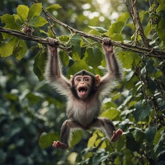 A mischievous cartoon monkey hanging from an invisible vine, sticking its tongue out.