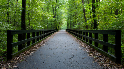 Fototapeta premium Paved Path Through a Lush Green Forest With Black Wooden Railings