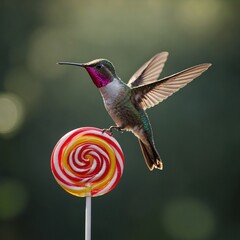 A tiny hummingbird with a huge lollipop, looking excited.