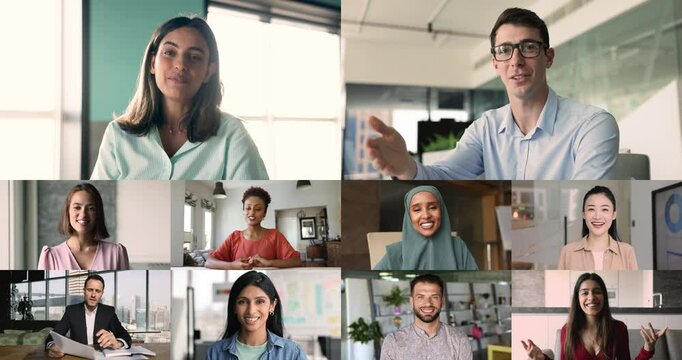 Grid collage view, video conference screen displays multicultural group of professionals engaging in virtual meeting, representing collaboration, remote communication, teamwork and global connectivity