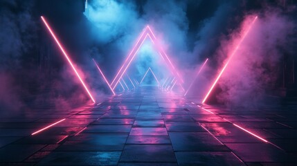 A vibrant 3D futuristic abstract backdrop with glowing neon blue and pink laser lights. VJ Retro 80s 90s warp party music disco presentation poster concept design, featuring bright colors