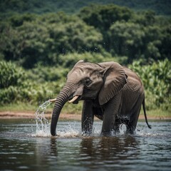A joyful baby elephant splashing water with its trunk.