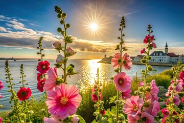 &Icirc;le de R&eacute;'s vibrant hollyhocks burst into summer bloom, a picturesque French island scene.
