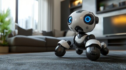 A delightful white cartoon cyber pet cat featuring neon blue glowing details. This kitten image is a friendly house assistant. It's a technical, futuristic robot animal toy