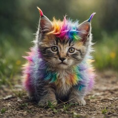 A magical baby unicorn kitten with a tiny golden horn and rainbow fur.