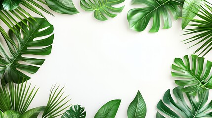 Naklejka premium Lush Green Tropical Leaves Frame on White Background