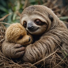 A sleepy baby sloth hugging a small teddy bear.