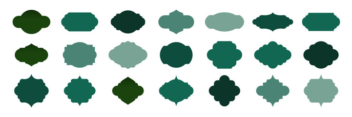 Islam frames. Ramadan ornaments. Arabian, Indian, Turkish decoration labels isolated on white. Collection of Muslim green frames of different shapes. Vector illustrations set.
