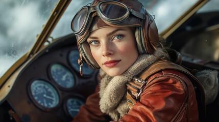 Vintage Female Aviation Portrait with Leather Jacket and Goggles from the 1648 Era