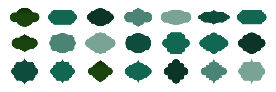 Islam frames. Ramadan ornaments. Arabian, Indian, Turkish decoration labels isolated on white. Collection of Muslim green frames of different shapes. Vector illustrations set.