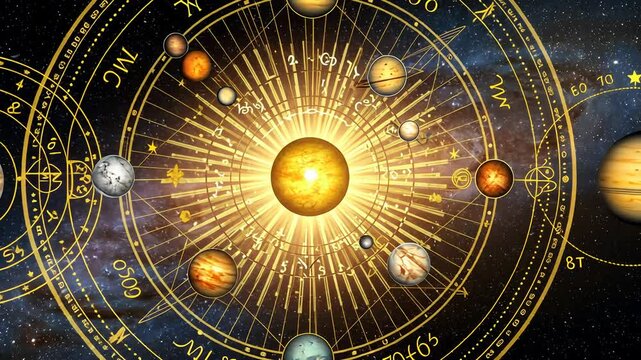 Mystical golden astrology chart depicting planetary orbits and zodiac symbols. Celestial alignment, cosmic energy, esoteric knowledge, astrological wisdom, metaphysical insight.