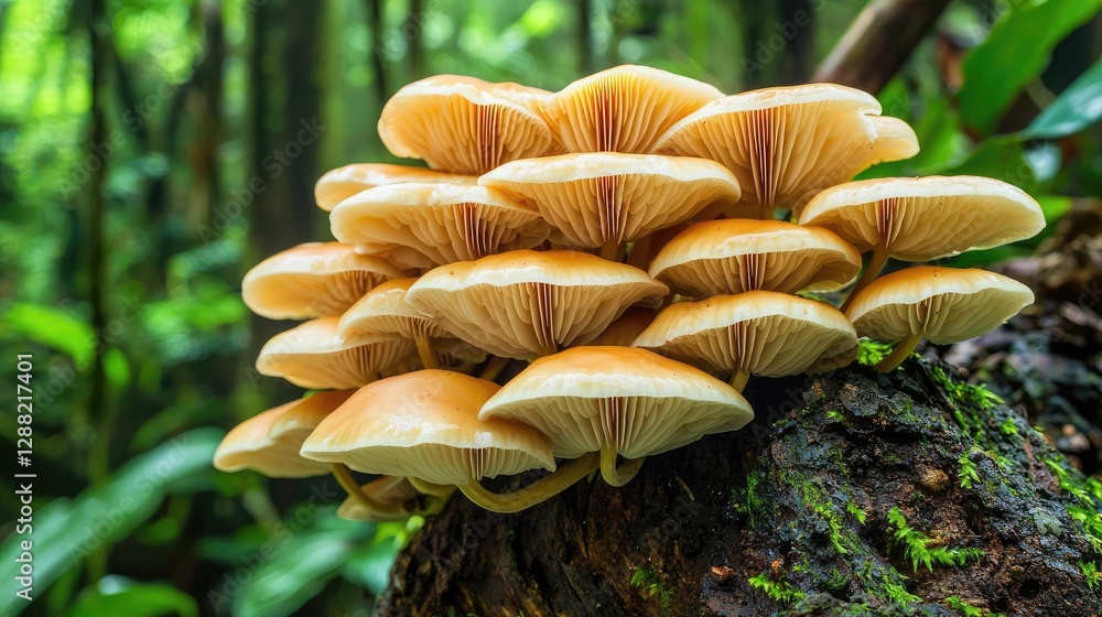 Poster earth day environmental idea. cluster of vibrant mushrooms growing on a tree in a lush forest enviro