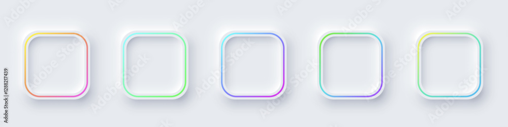 Poster square color frames with illuminated neon borders on white background. glowing white square frames w