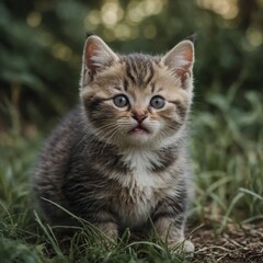 A tiny chubby kitten with a heart-shaped nose and a playful expression.