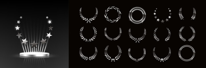 Silver award podium with star wreath and set of different laurel wreaths. Luxury templates for glamour product presentation, winner ceremony. Vector illustrations isolated on black.