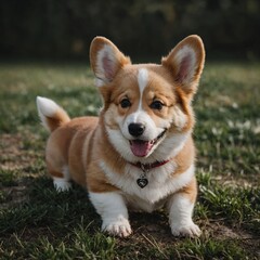 A smiling corgi puppy with tiny paws and a wagging tail.