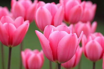Fototapeta premium bunch of pink tulips with green leaves in a field