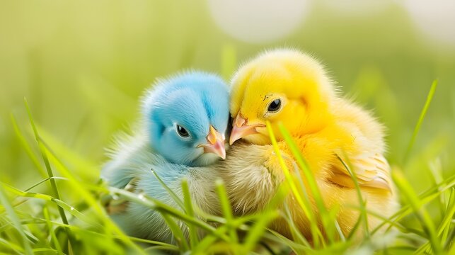 Close-up shot of a pair of vibrant, colorful Easter chicks cozyly nestled in a bed of lush, soft green grass, featuring a clear and uncluttered background for seamless customization