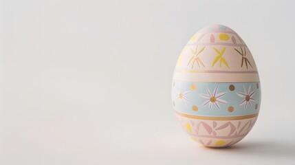 Fototapeta premium Single pastel-colored Easter egg, beautifully decorated with simple elegant patterns and gold accents, placed on a pure white background. Ample negative space for seamless customization.